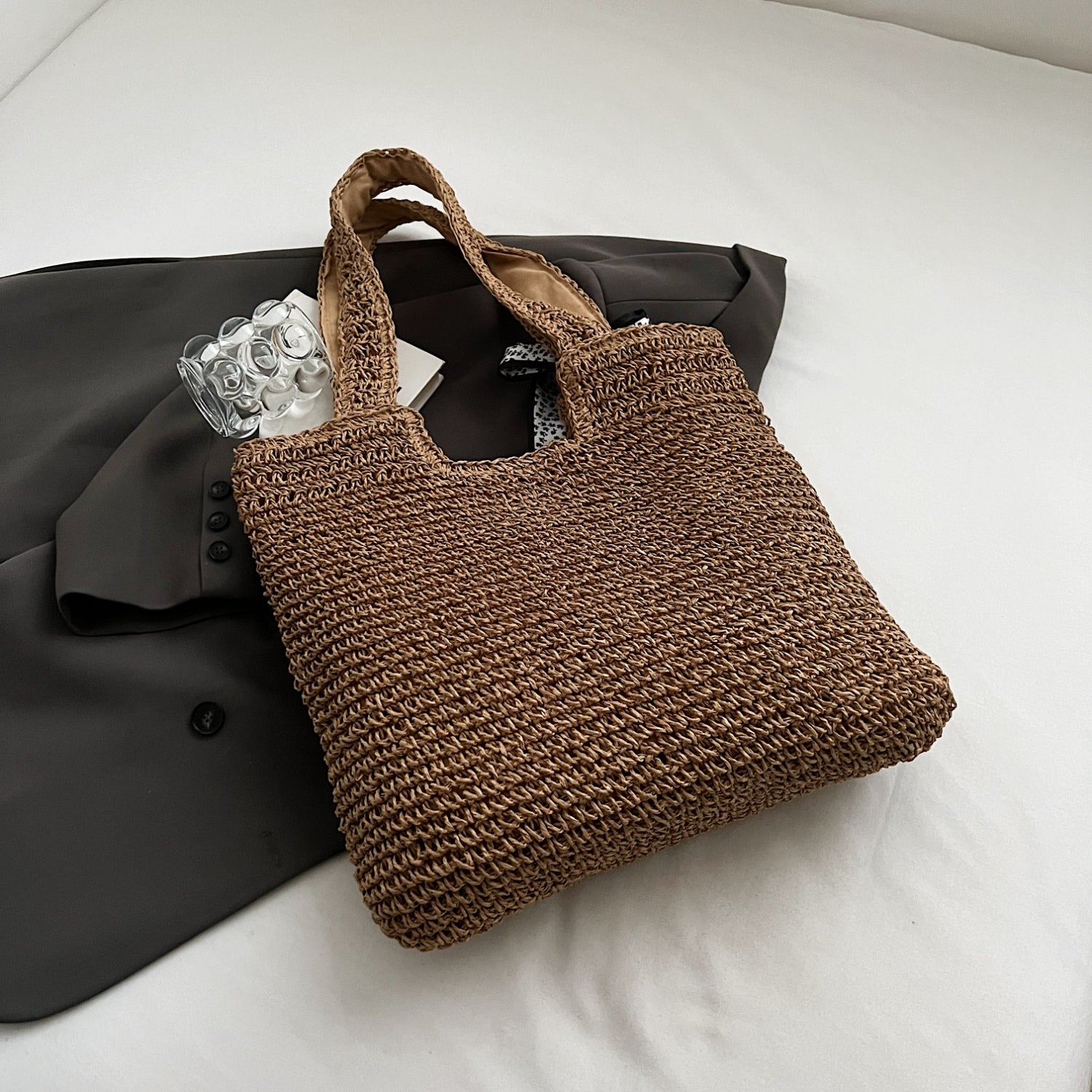 Straw Woven Tote Bag Coffee Brown One Size Bags JT's Designer Fashion