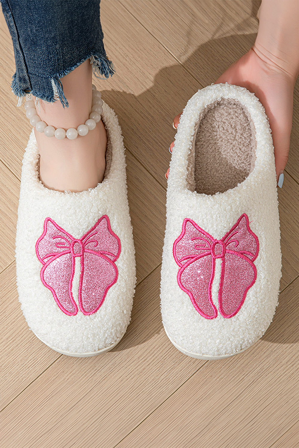 White Cute Bowknot Pattern Plush Valentines Slippers Slippers JT's Designer Fashion