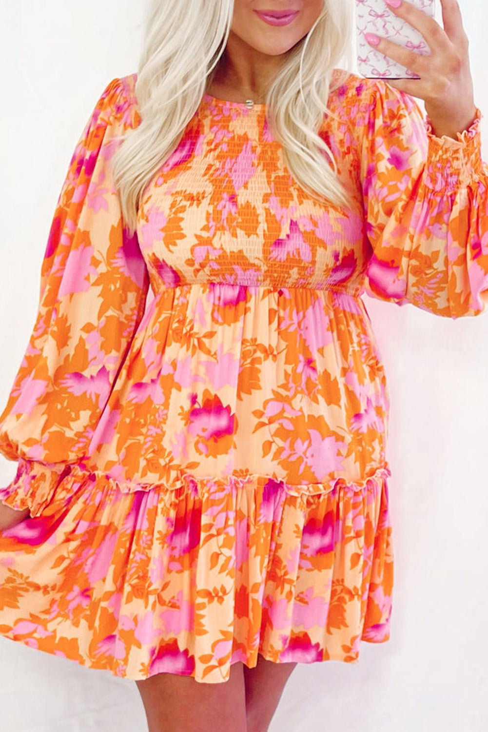 Orange Abstract Print Smocked Bust Lantern Sleeve Ruffle Mini Dress Dresses JT's Designer Fashion