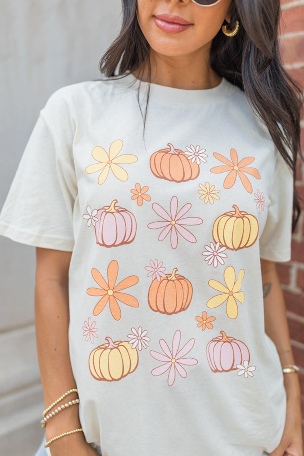 White Floral Pumpkin Graphic Crewneck Halloween T Shirt Graphic Tees JT's Designer Fashion