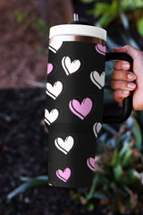 Black Valentines Heart Printed Thermos Cup with Handle Tumblers JT's Designer Fashion