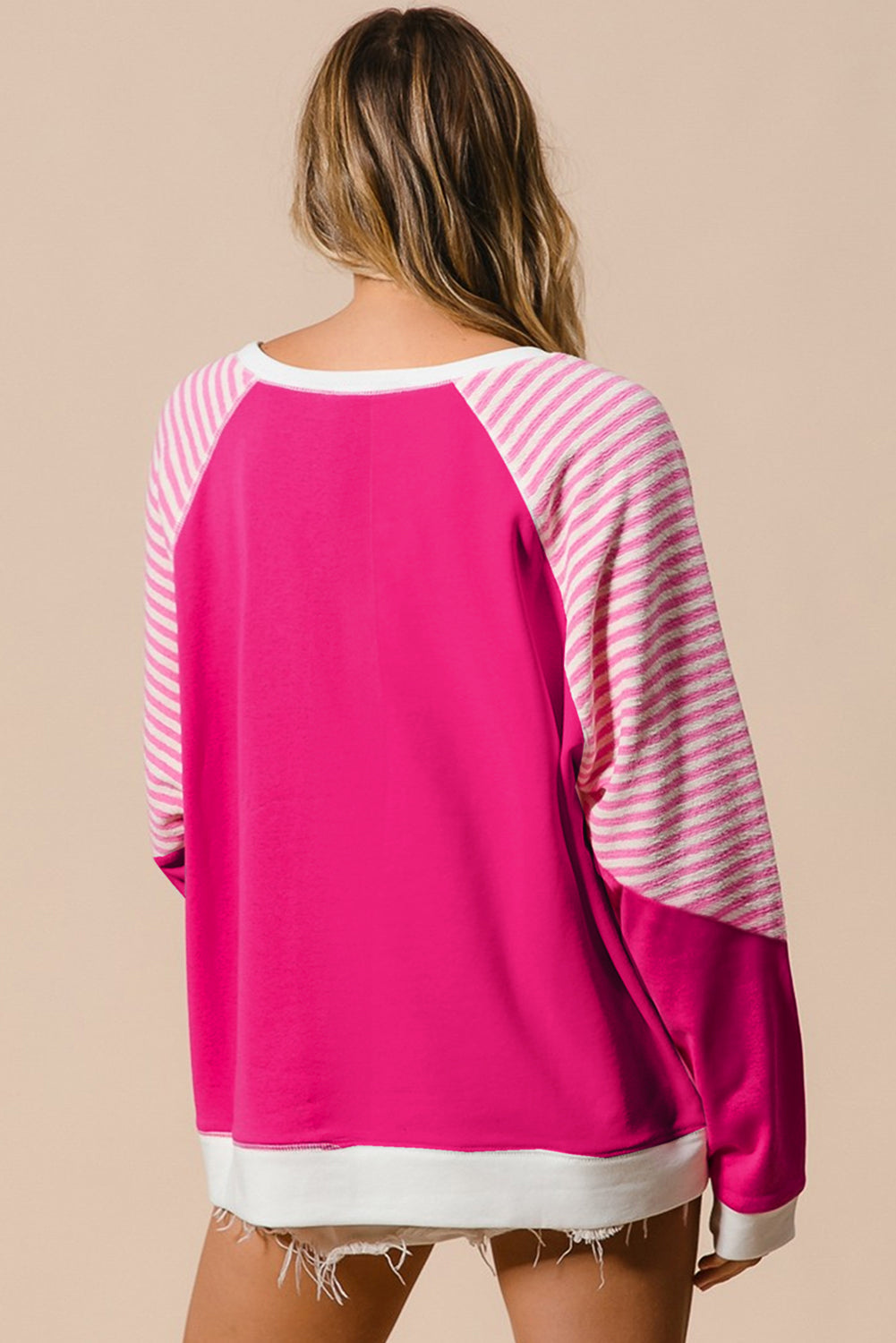 Strawberry Pink Striped Patchwork Crew Neck Raglan Sleeve Top Long Sleeve Tops JT's Designer Fashion