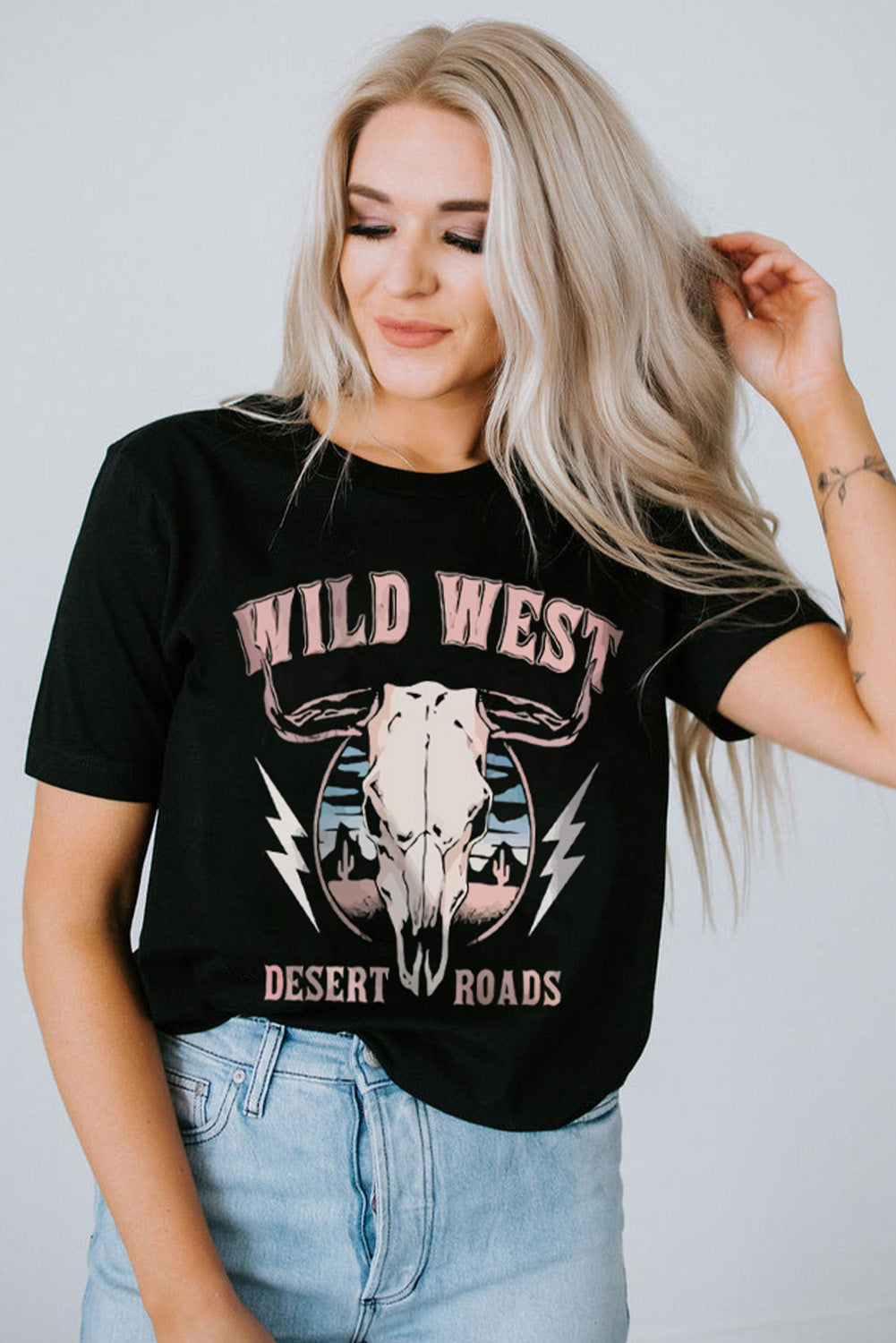 Black Wild West Desert Roads Steer Head Graphic Tee Graphic Tees JT's Designer Fashion