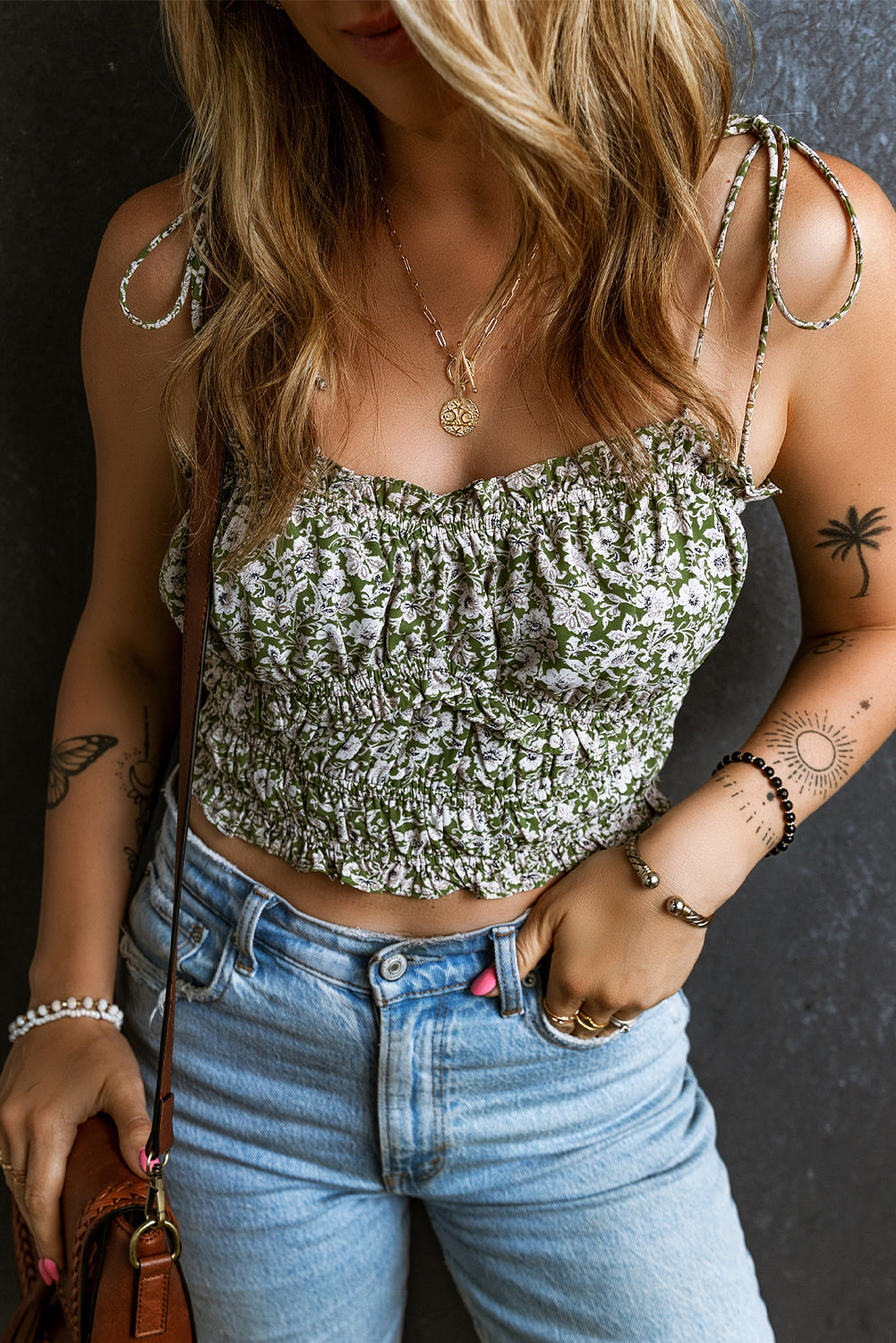 Green Tie Spaghetti Straps Boho Floral Cropped Top Tops & Tees JT's Designer Fashion