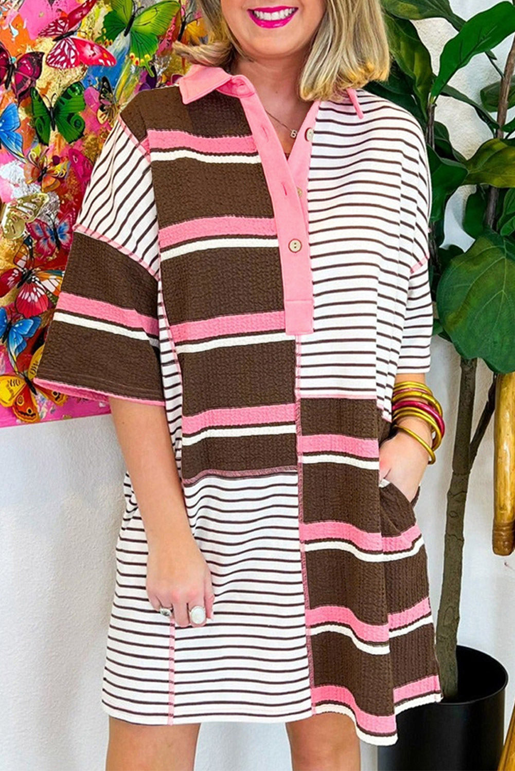 Brown Stripe Striped Textured Patchwork Buttoned T Shirt Dress Pre Order Dresses JT's Designer Fashion