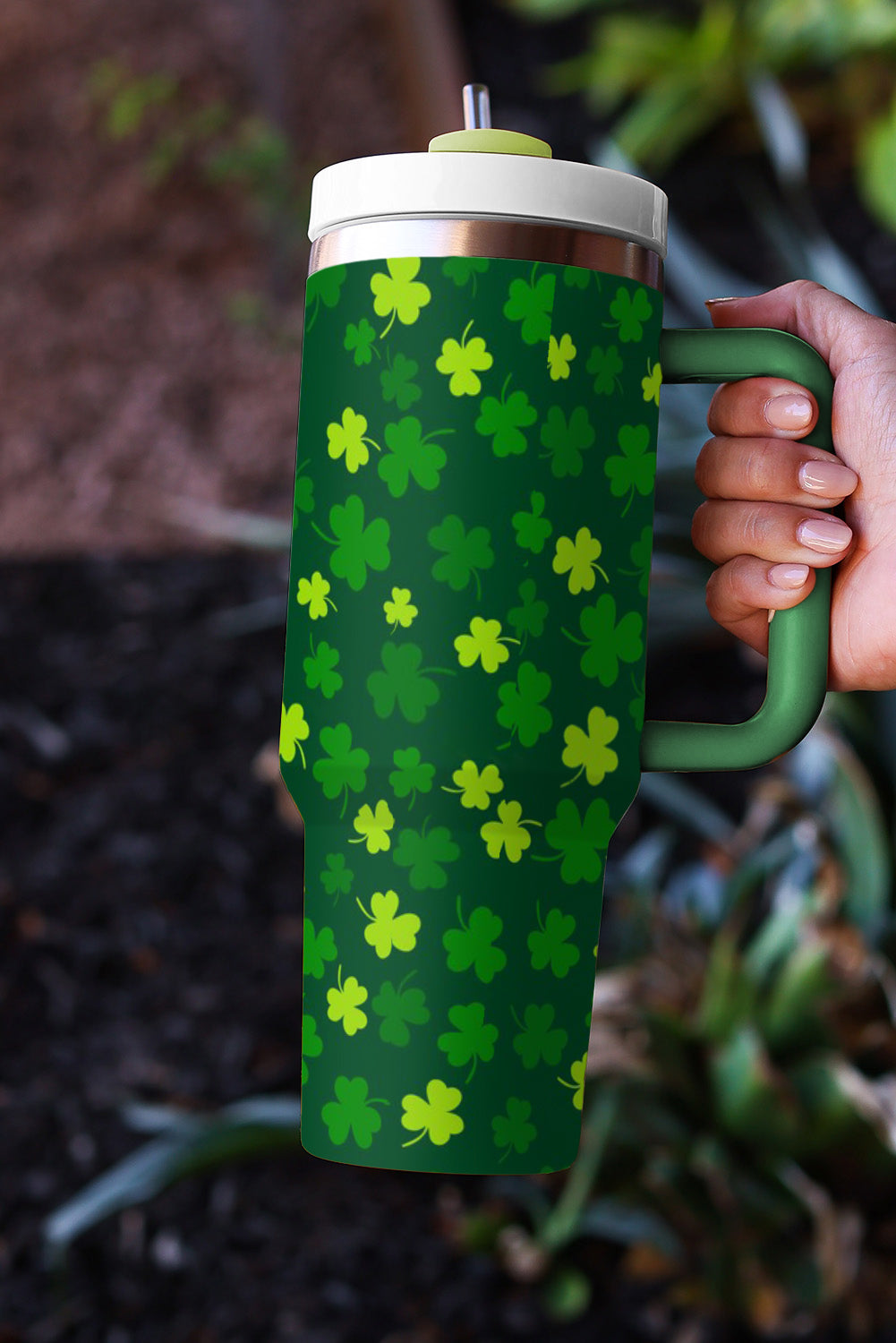 Dark Green St. Patricks Shamrock Print Handle Vacuum Cup 1200ml Tumblers JT's Designer Fashion