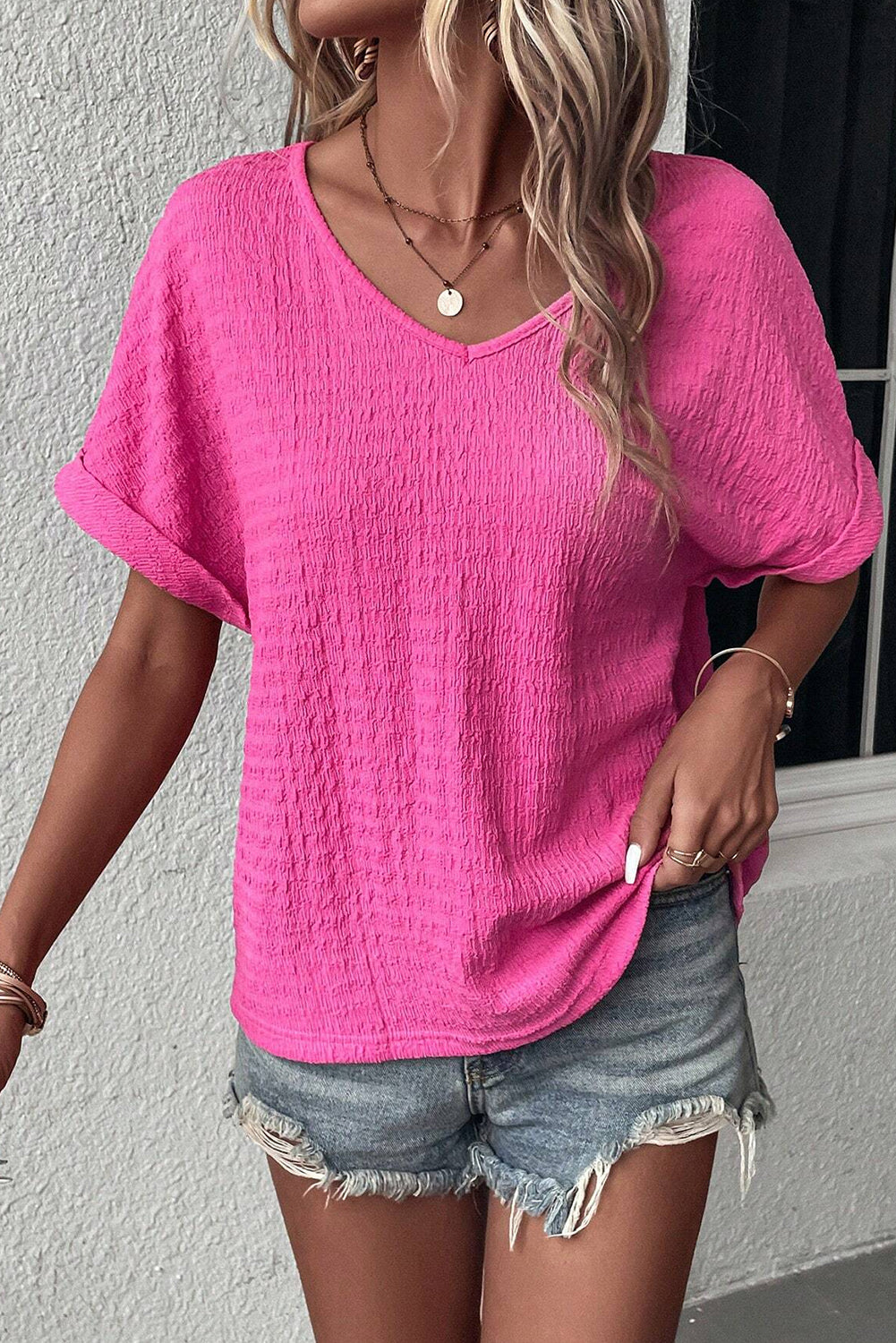 Bright Pink Textured Rolled Short Sleeve V Neck Blouse Pre Order Tops JT's Designer Fashion