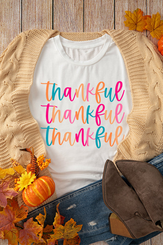 White Thankful Printed Crewneck Thanksgiving T Shirt Graphic Tees JT's Designer Fashion
