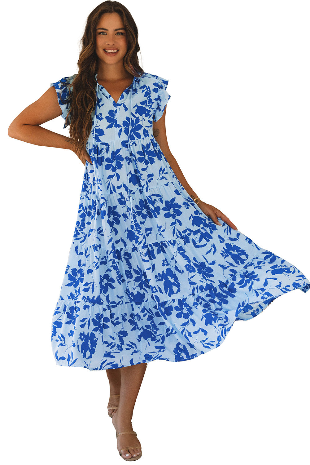 Sky Blue Floral Print Tiered Frilled Trim Flutter Sleeve Maxi Dress Floral Dresses JT's Designer Fashion