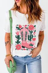 White Western Boots Flower Print Round Neck T Shirt Graphic Tees JT's Designer Fashion