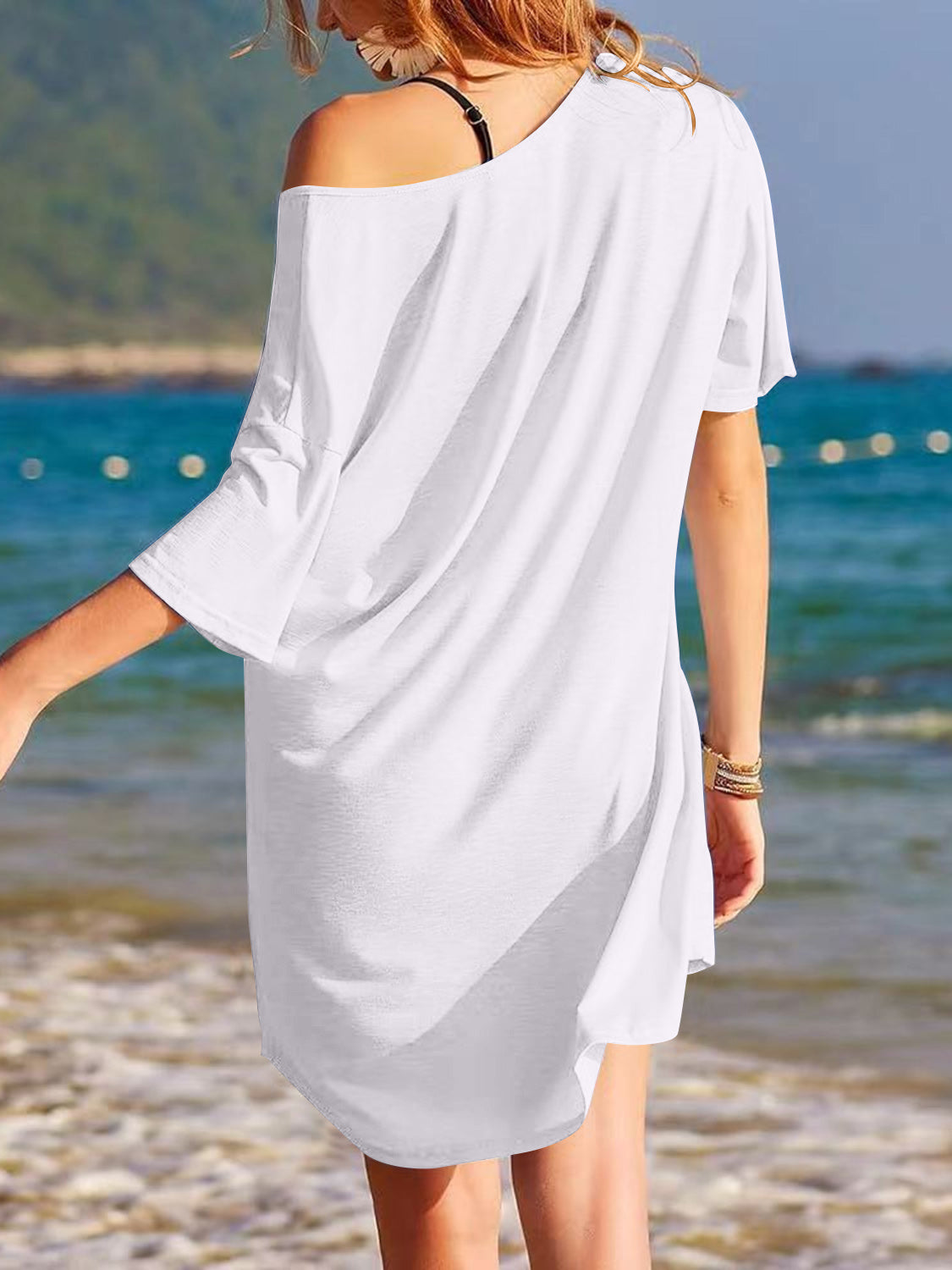 Pocketed V-Neck Short Sleeve Tee Dress White T Shirt Dresses JT's Designer Fashion