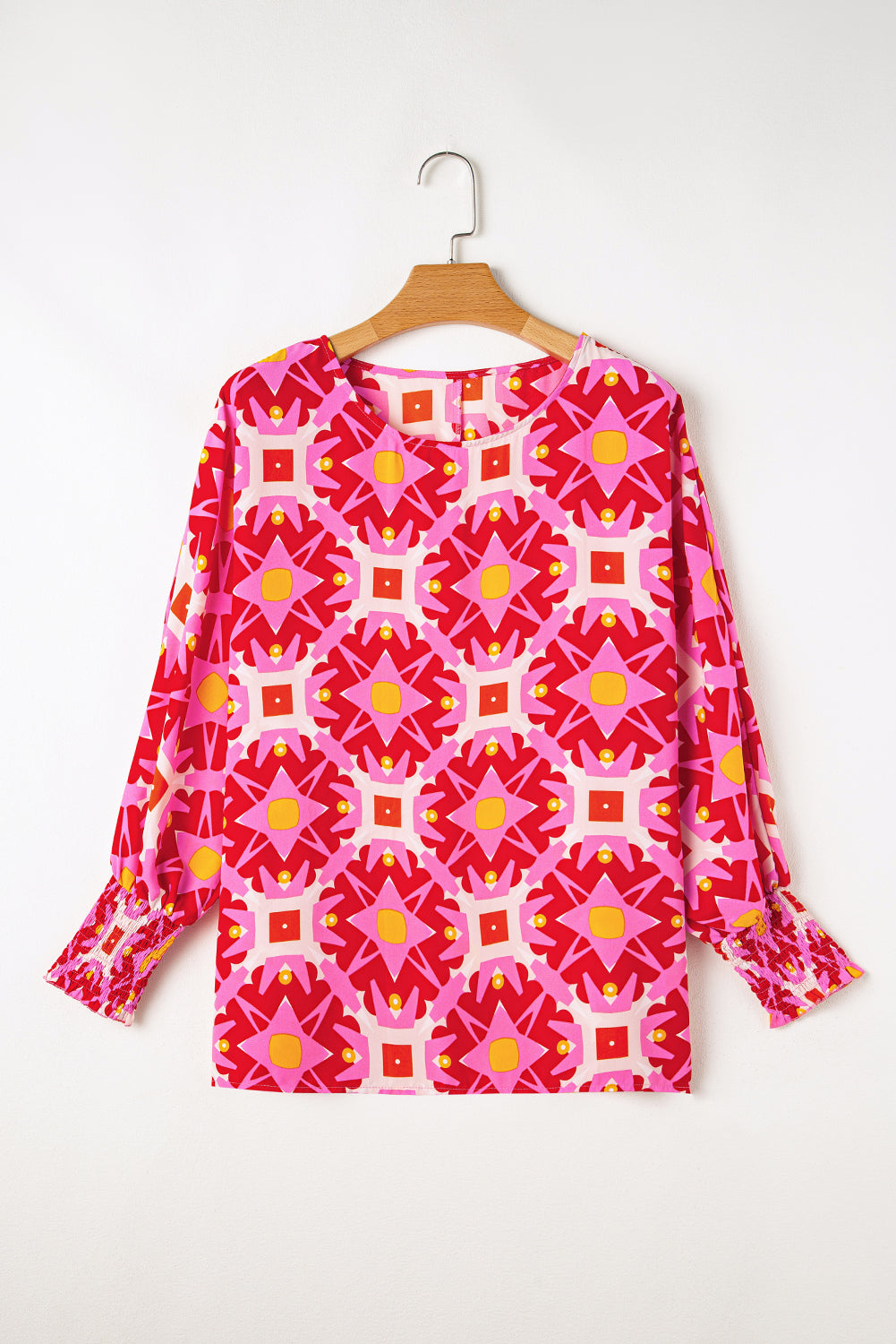 Strawberry Pink Geometric Print Shirred Cuff 3/4 Sleeve Loose Blouse Blouses & Shirts JT's Designer Fashion