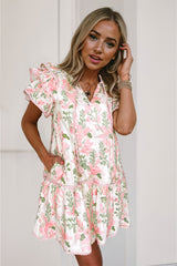 Pink Floral Contrast Edge Layered Short Sleeve Mini Dress Floral Dresses JT's Designer Fashion