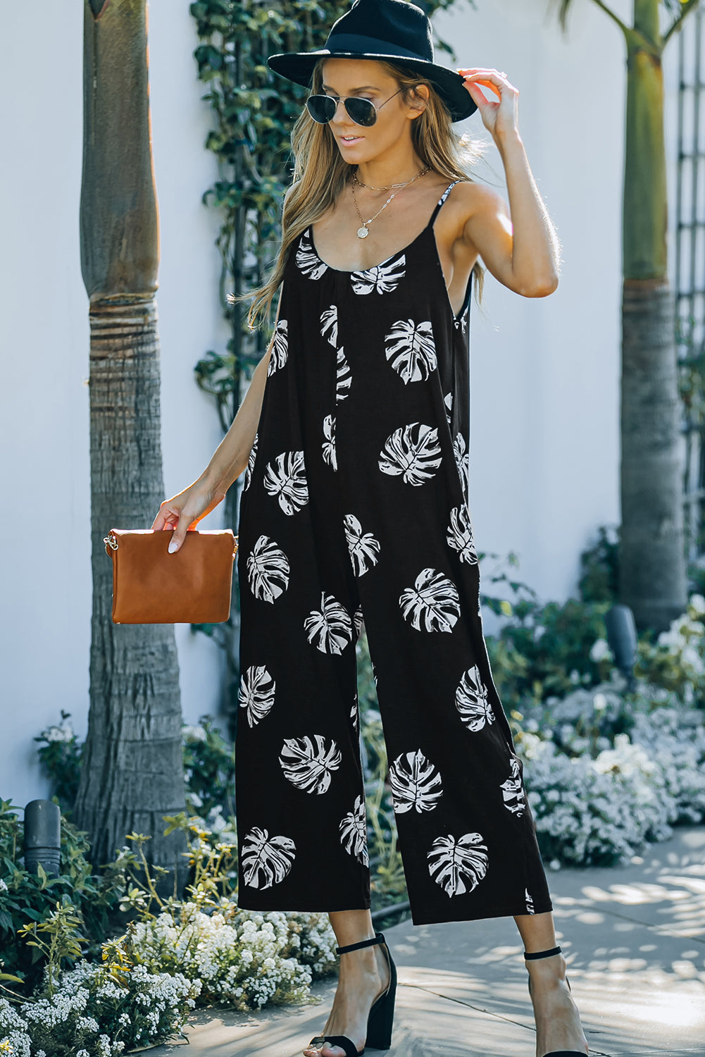 Black Palm Leaves Print Spaghetti Strap Wide Leg Jumpsuit Jumpsuits & Rompers JT's Designer Fashion