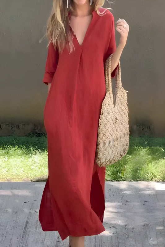 Full Size Notched Half Sleeve Midi Dress Deep Red Maxi Dresses JT's Designer Fashion