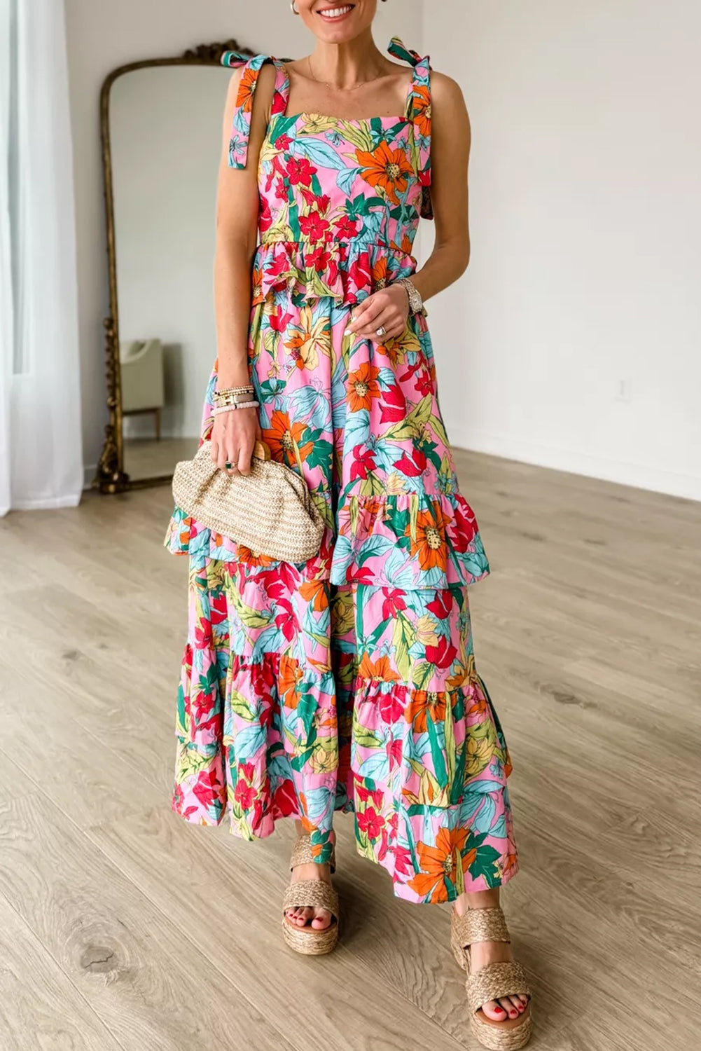 Multicolour Floral Print Shirred Backless Tiered Ruffled Maxi Dress Multicolour 100%Polyester Maxi Dresses JT's Designer Fashion