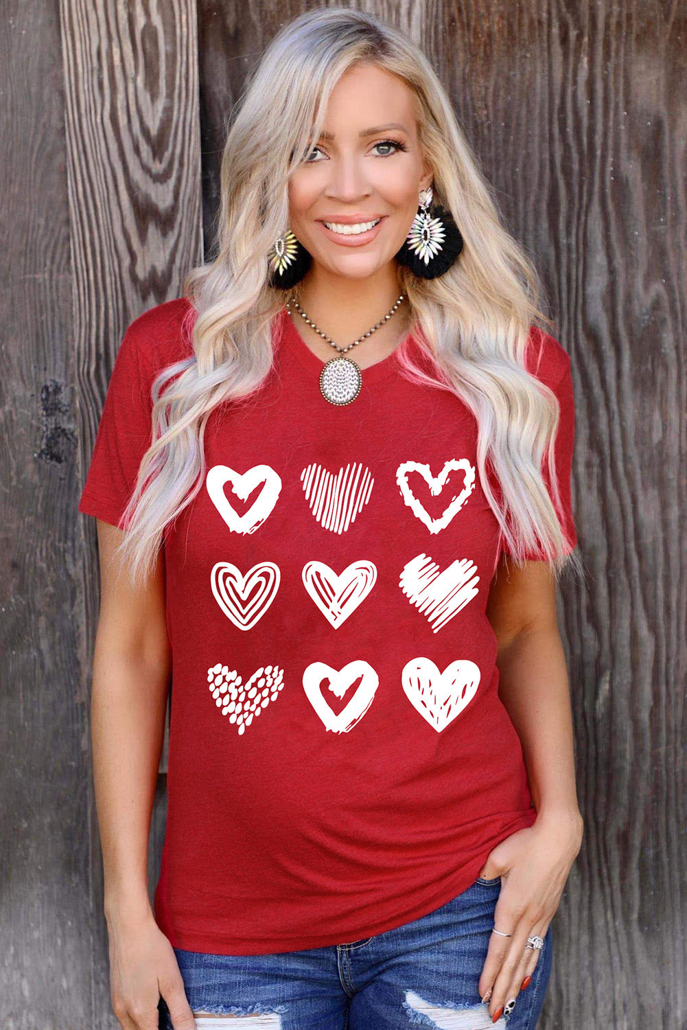 Fiery Red Valentines Heart Pattern Graphic Tee Graphic Tees JT's Designer Fashion