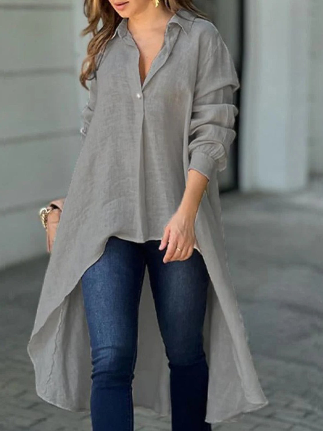 Full Size High-Low Collared Neck Long Sleeve Shirt Dark Gray Long Sleeve Tops JT's Designer Fashion