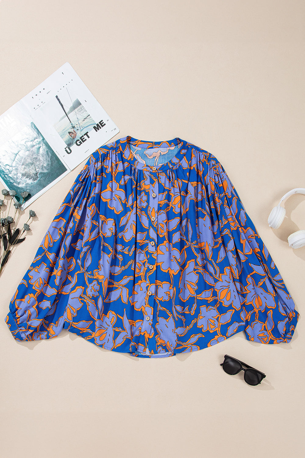 Blue Floral Print Batwing Sleeve Buttoned Loose Fit Shirt Blouses & Shirts JT's Designer Fashion