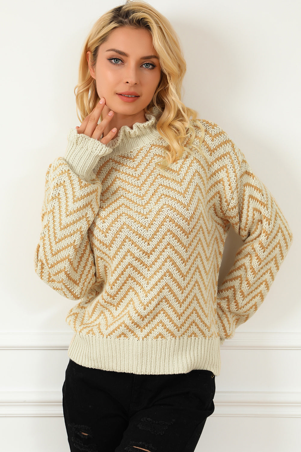 Khaki Chevron Striped High Neck Drop Shoulder Sweater Sweaters & Cardigans JT's Designer Fashion