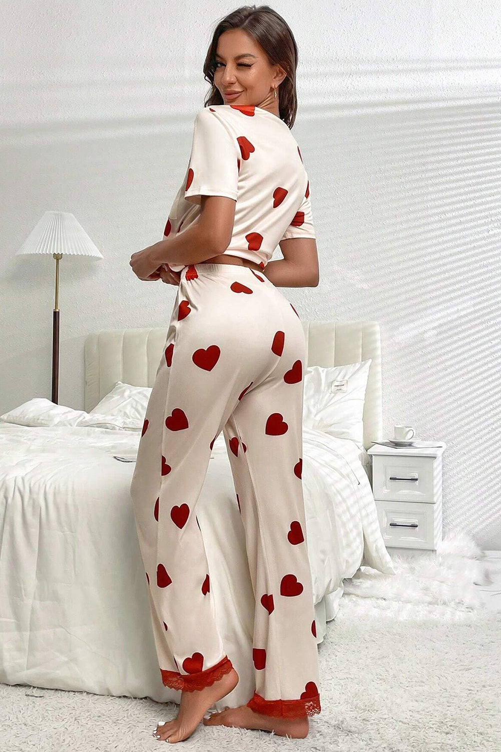 White Heart Print Lace Hem Pajama Set Loungewear JT's Designer Fashion