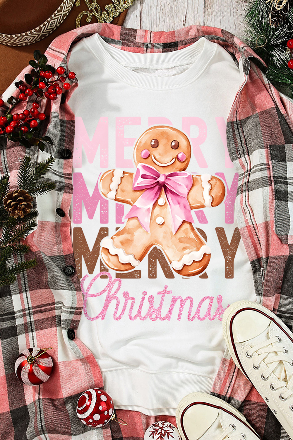 Beige Merry Christmas Gingerbread Man Graphic Sweatshirt Graphic Sweatshirts JT's Designer Fashion