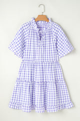 Lavendula Plaid Ruffle Wide Short Sleeve Babydoll Mini Dress Mini Dresses JT's Designer Fashion