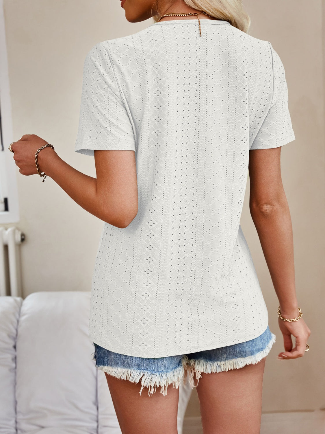 Eyelet V-Neck Short Sleeve Top Tops JT's Designer Fashion