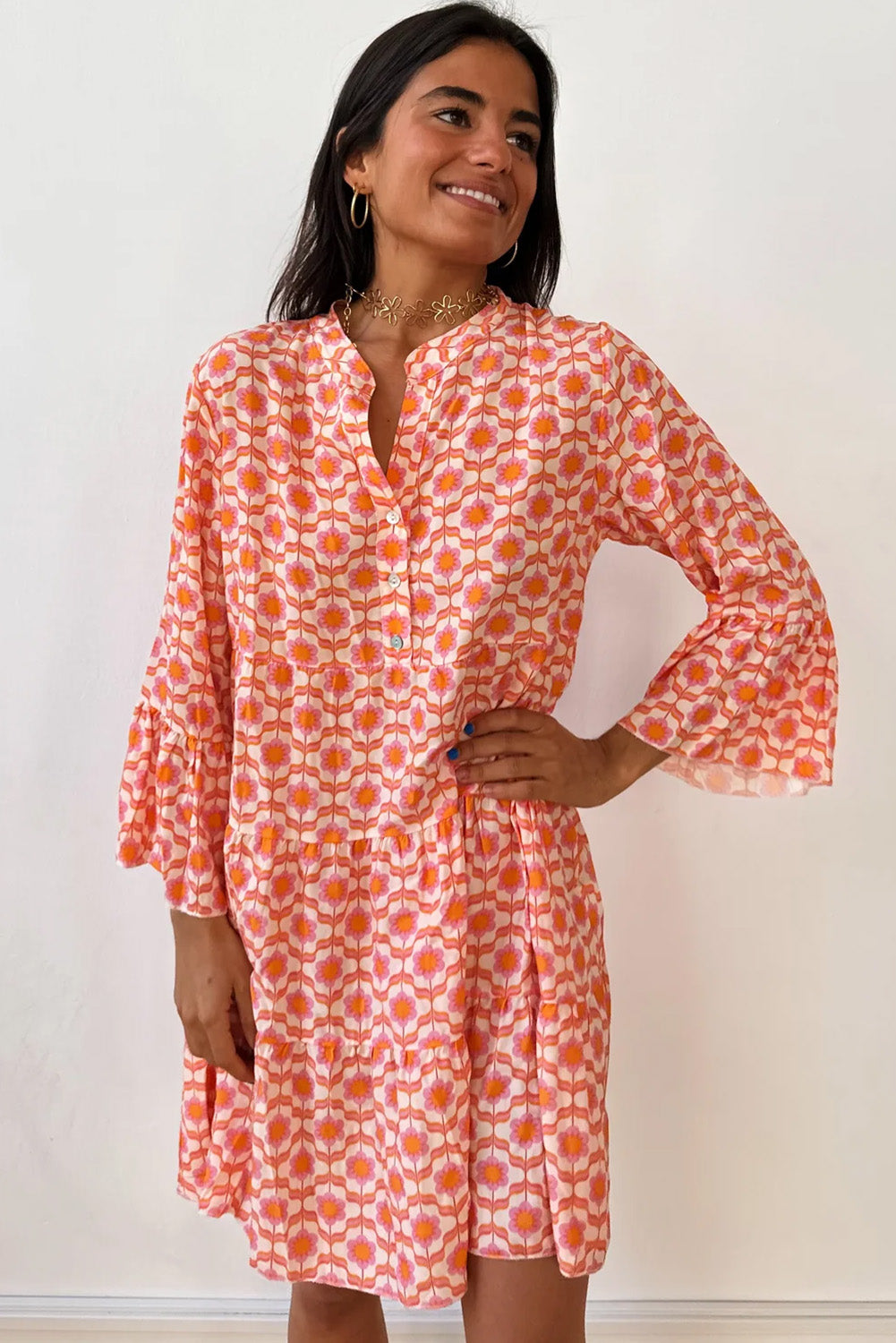 Orange Floral Print Flounce Sleeve Buttoned Front Mini Dress Floral Dresses JT's Designer Fashion