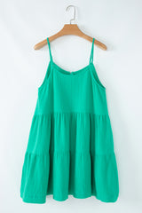 Sea Green Textured Buttoned Thin Strap Tiered Loose Fit Mini Dress Mini Dresses JT's Designer Fashion