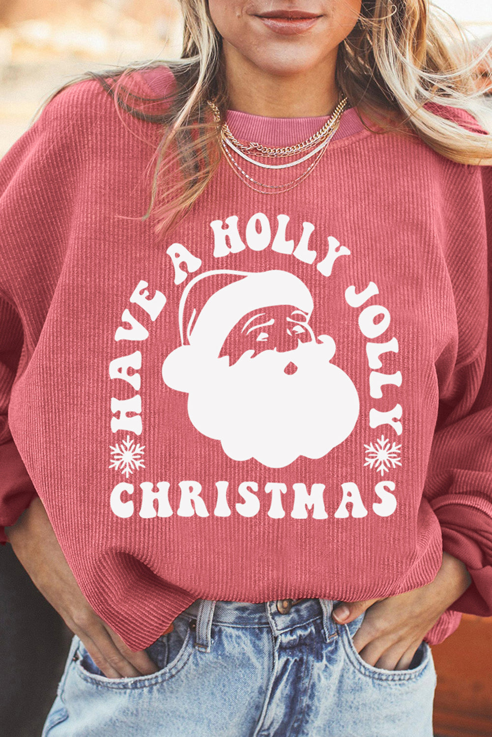 Strawberry Pink HAVE A HOLLY JOLLY CHRISTMAS Corded Sweatshirt Graphic Sweatshirts JT's Designer Fashion