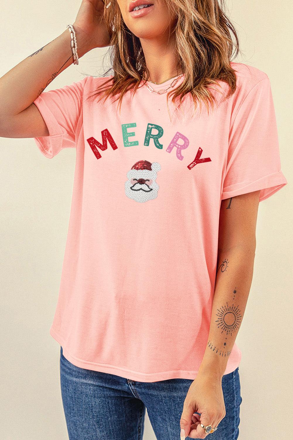 Pink Sequin MERRY Santa Clause Graphic T Shirt Graphic Tees JT's Designer Fashion