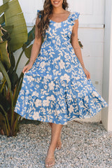 Sky Blue Floral U Neck Flutter Shoulder Tiered Flowy Midi Dress Floral Dresses JT's Designer Fashion