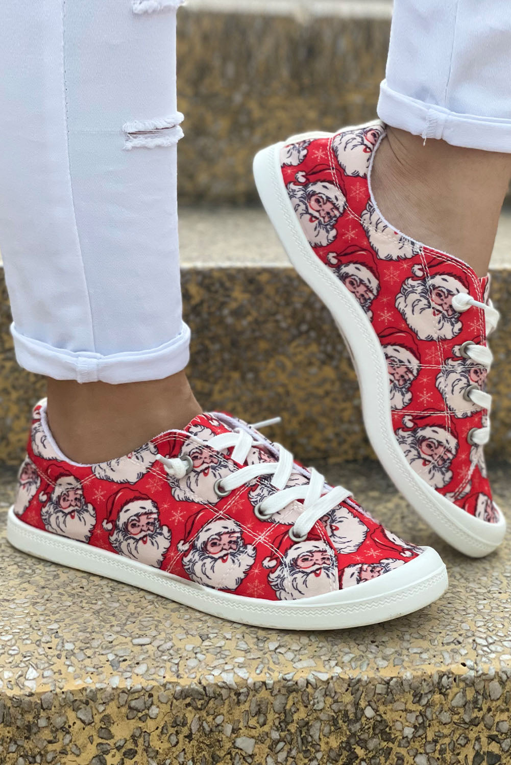 Fiery Red Christmas Santa Print Lace Up Flat Shoes Women's Shoes JT's Designer Fashion