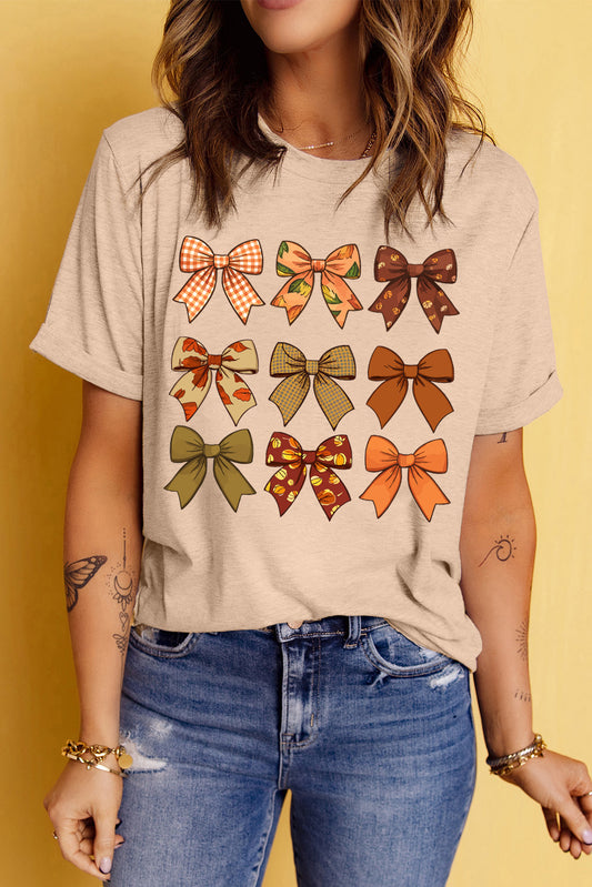 Khaki Halloween Fall Bowknot Graphic Short Sleeve Top Graphic Tees JT's Designer Fashion