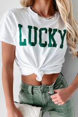 White LUCKY Printed Round Neck St Patricks T Shirt Graphic Tees JT's Designer Fashion