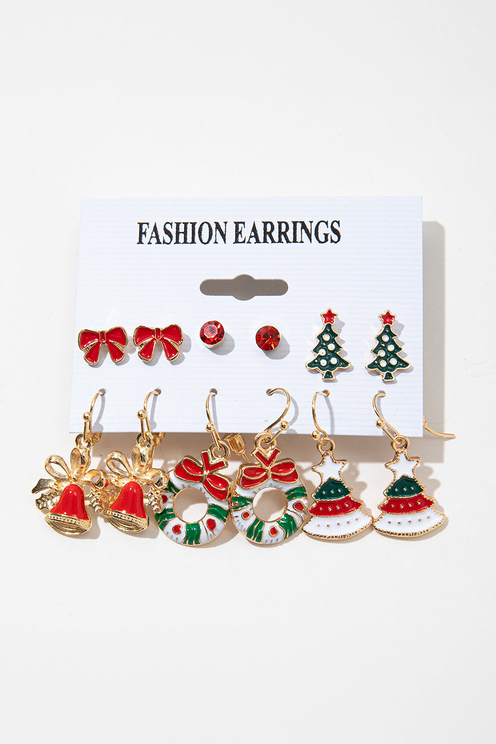 Racing Red 6 Pairs/Set Christmas Tree Wreath Bell Bow Knot Earring Set Jewelry JT's Designer Fashion