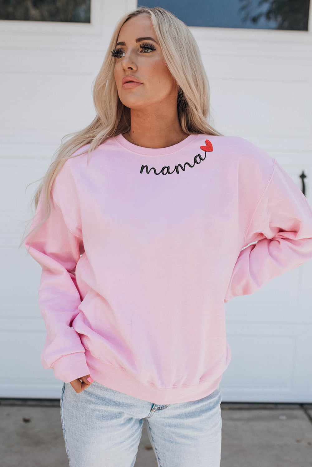 Pink mama Heart Embroidery Decor Sweatshirt Graphic Sweatshirts JT's Designer Fashion