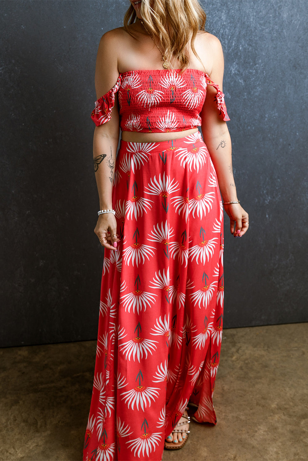 Red Floral Shirred Off Shoulder Crop Top and Slit Maxi Skirt Set Bottoms JT's Designer Fashion