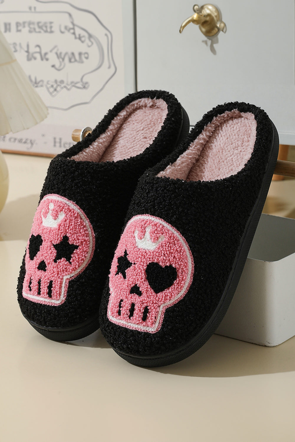 Black Halloween Skull Printed Plush Winter Home Slippers Slippers JT's Designer Fashion