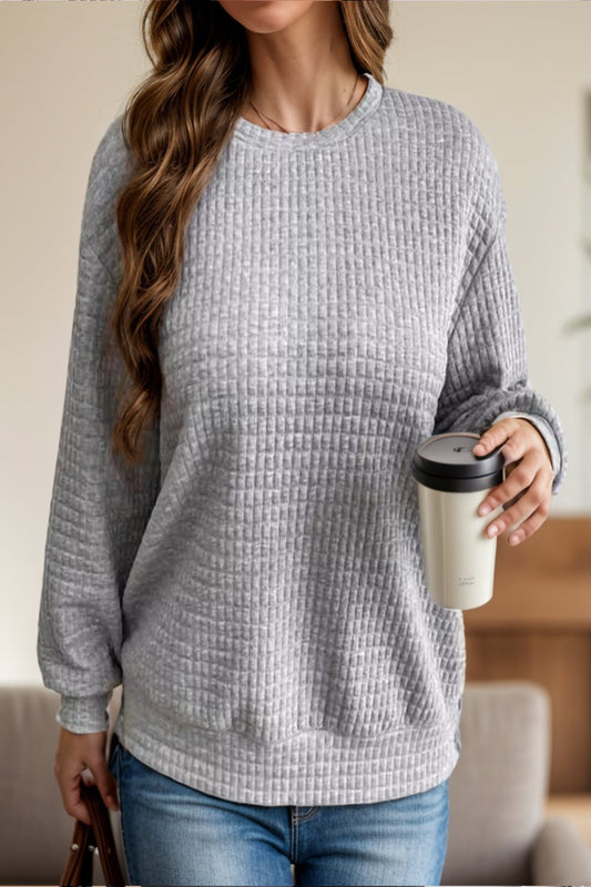 Texture Round Neck Long Sleeve Sweatshirt Gray Long Sleeve Tops JT's Designer Fashion