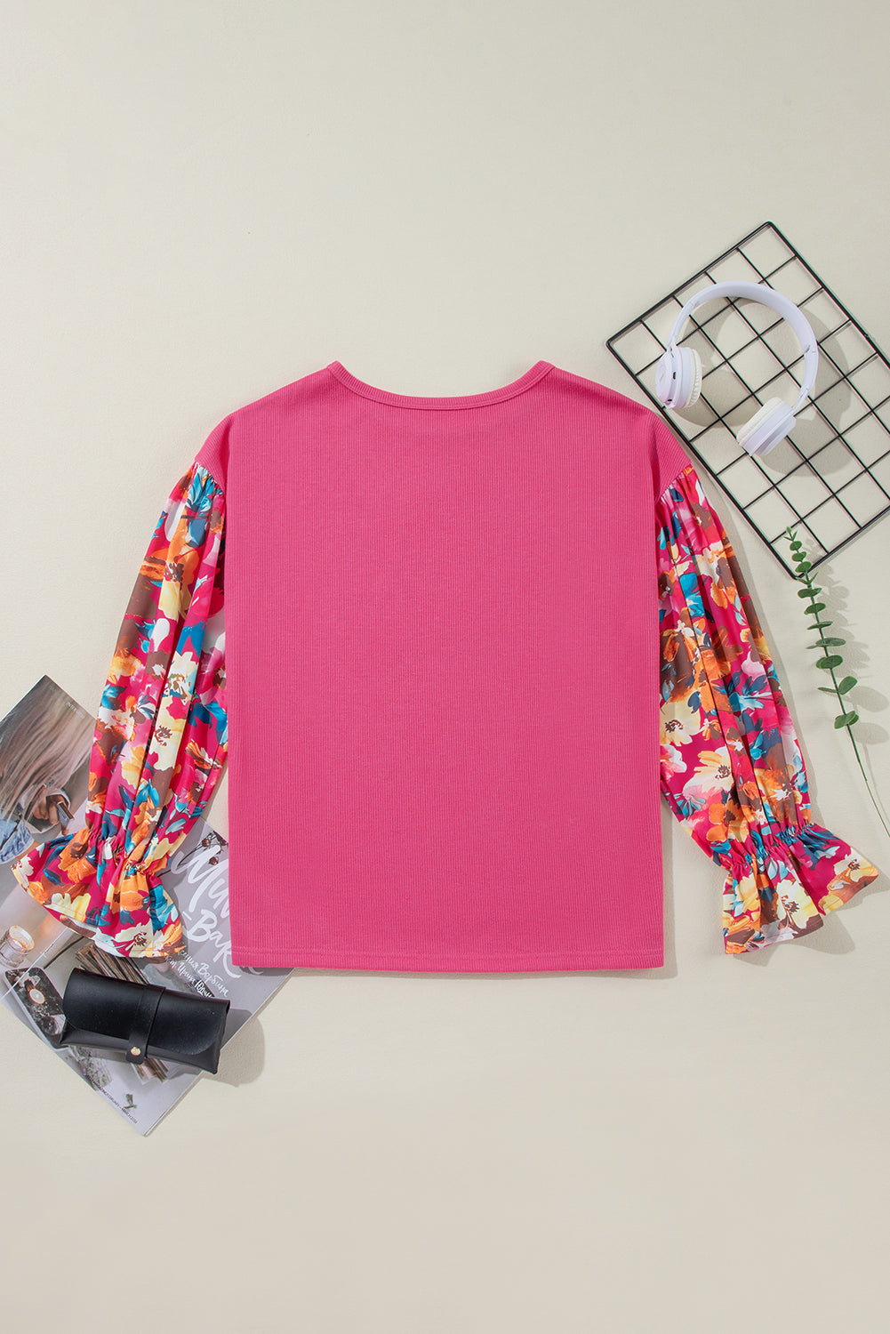 Sachet Pink Flower Patchwork Ruffled Sleeve Ribbed Knit Drop Shoulder Top Blouses & Shirts JT's Designer Fashion