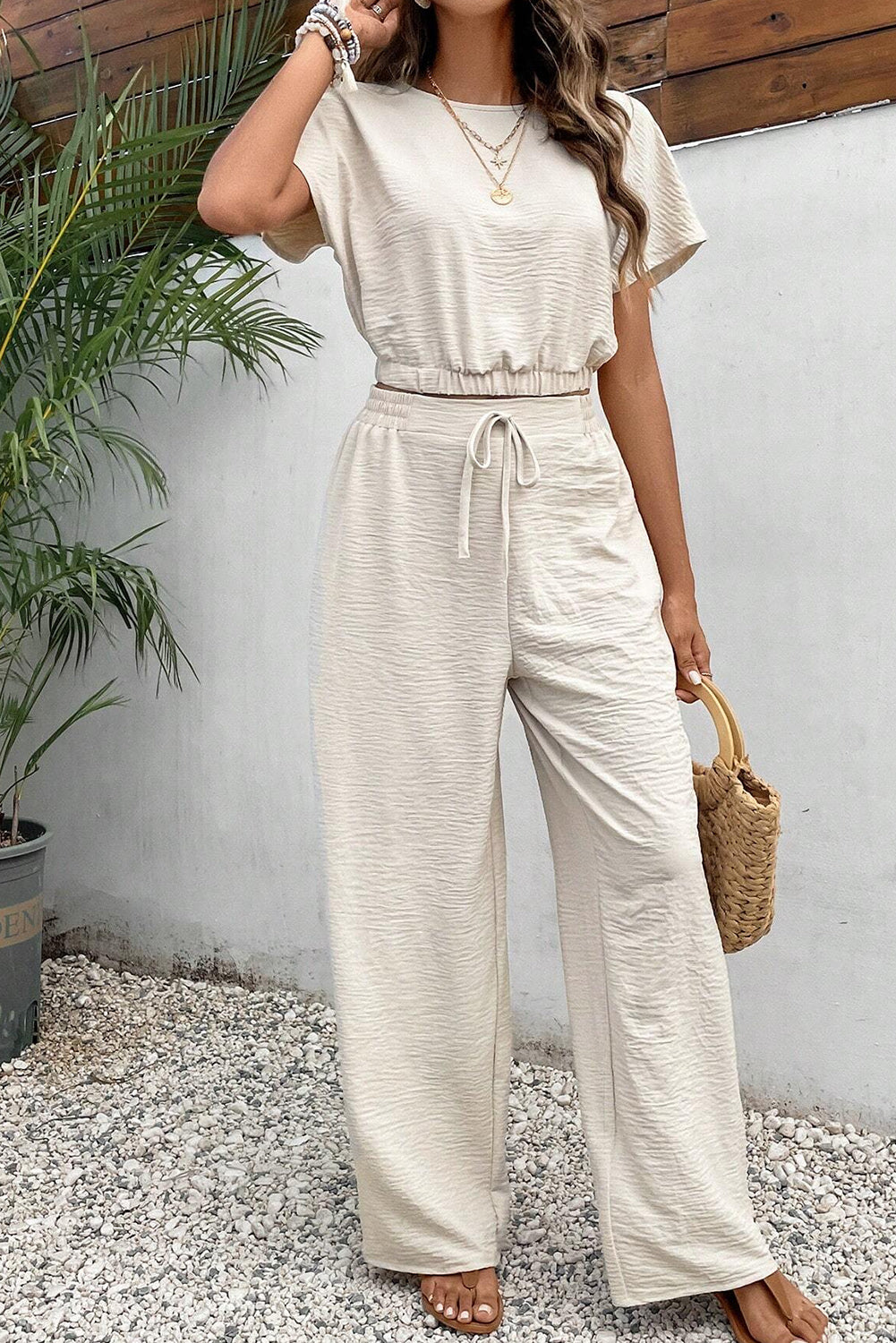 Beige Crinkled Elastic Hem Crop Tee and Wide Leg Pants Set Bottoms JT's Designer Fashion