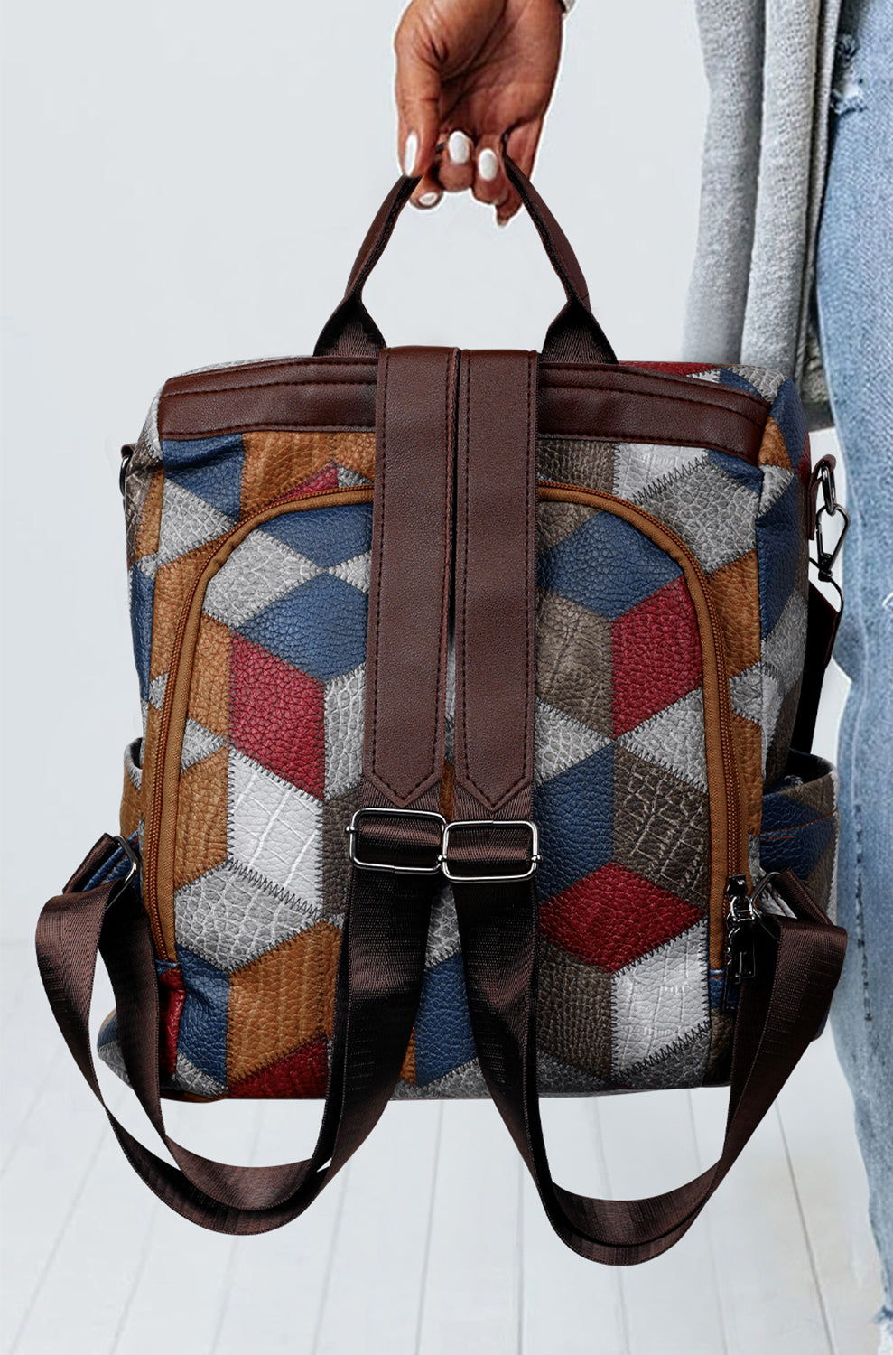 Chestnut Geometric Soft PU Leather Large Convertible Backpack Backpacks JT's Designer Fashion