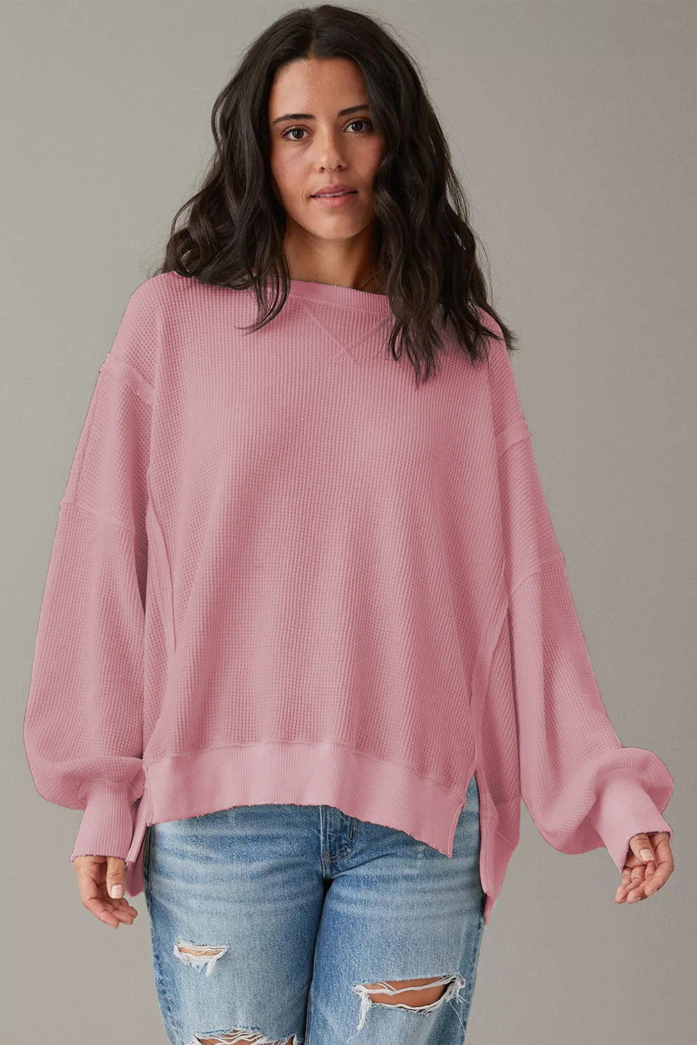 Pink Waffle Knit Bishop Sleeve Split Oversized Sweatshirt Sweatshirts & Hoodies JT's Designer Fashion