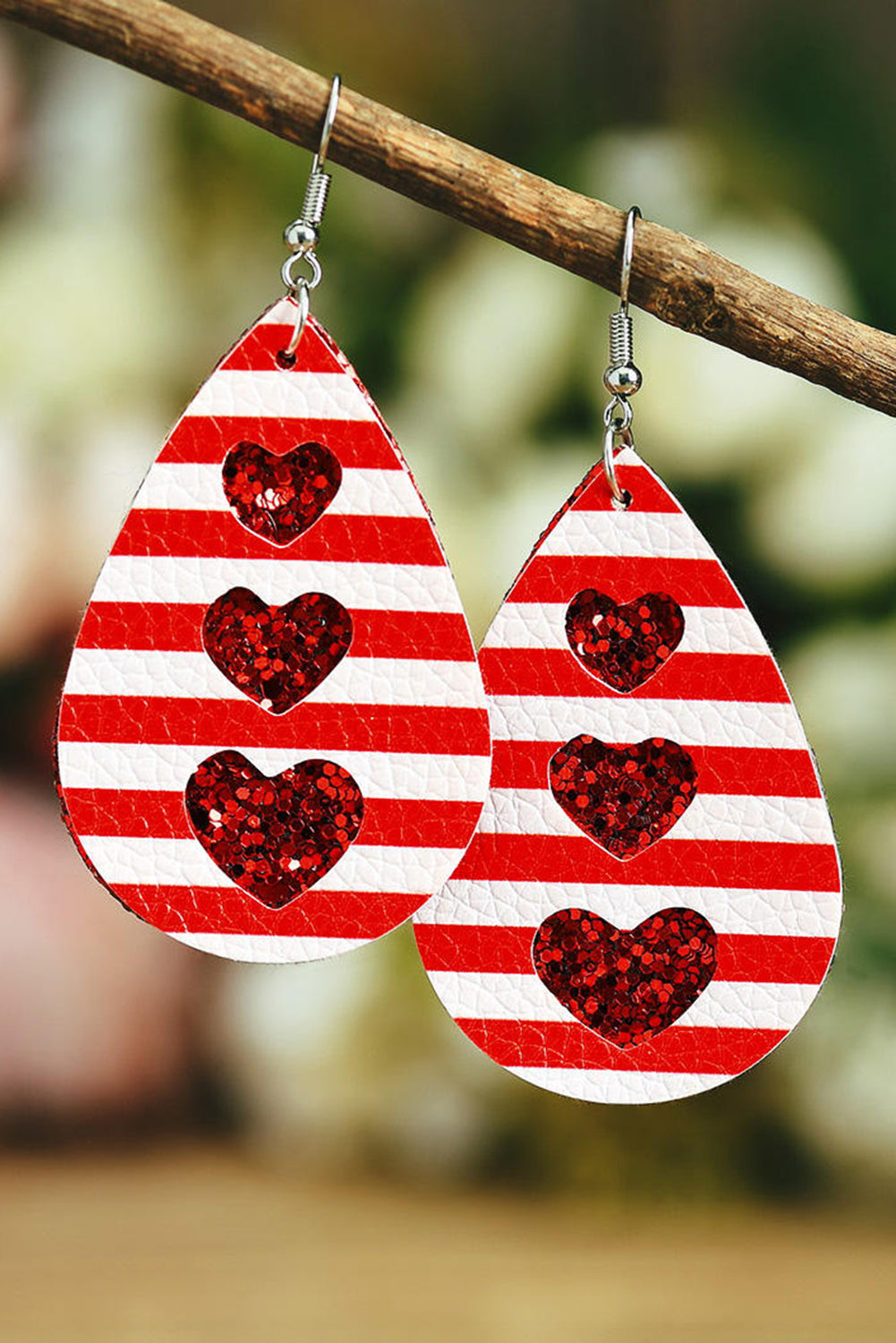 Fiery Red Valentines Heart Print Pu Leather Teardrop Dangle Earrings Jewelry JT's Designer Fashion