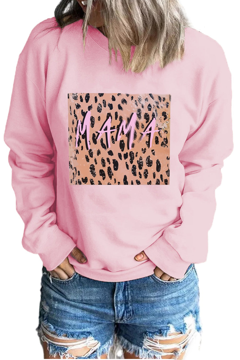 Pink MAMA Leopard Color Block Drop Sleeve Pullover Sweatshirt Graphic Sweatshirts JT's Designer Fashion