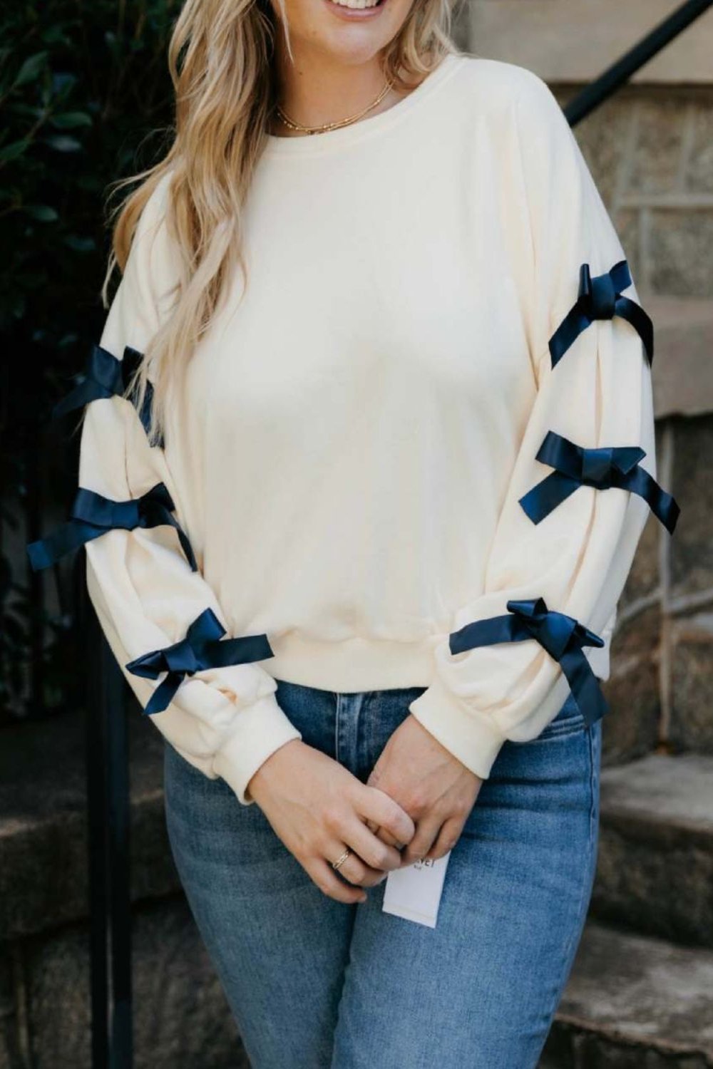 Contrast Bow Round Neck Long Sleeve Sweatshirt Cream Long Sleeve Tops JT's Designer Fashion