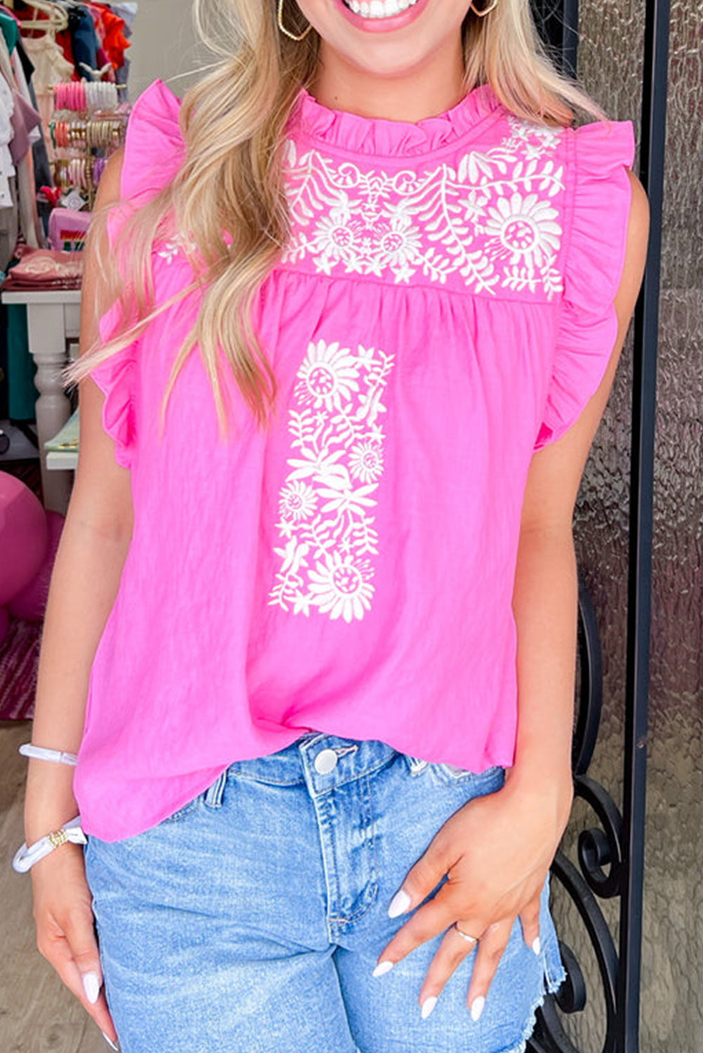 Bonbon Pink Embroidered Ruffle Sleeve Top Tops & Tees JT's Designer Fashion