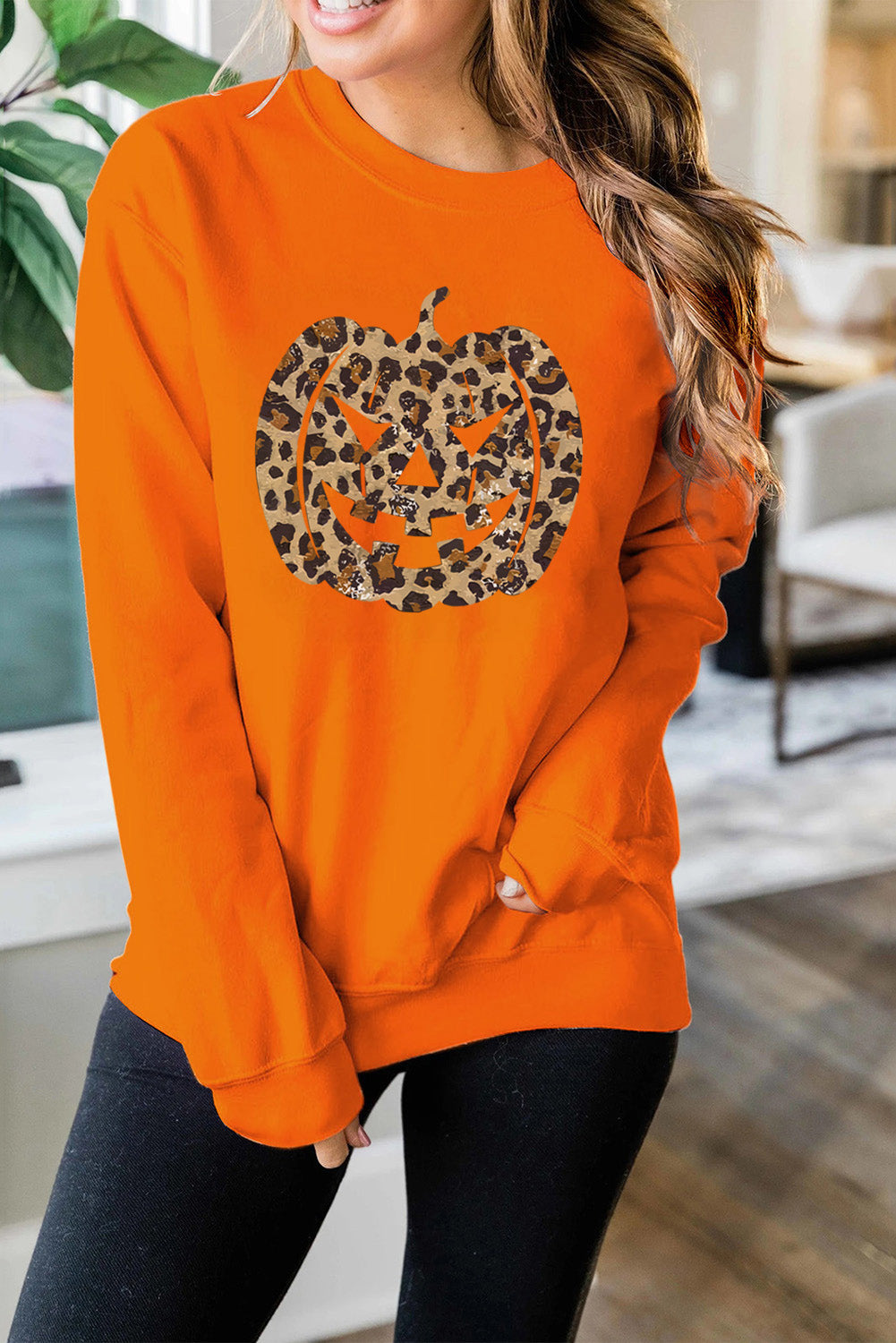 Orange Halloween Leopard Pumpkin Round neck Pullover Sweatshirt Graphic Sweatshirts JT's Designer Fashion